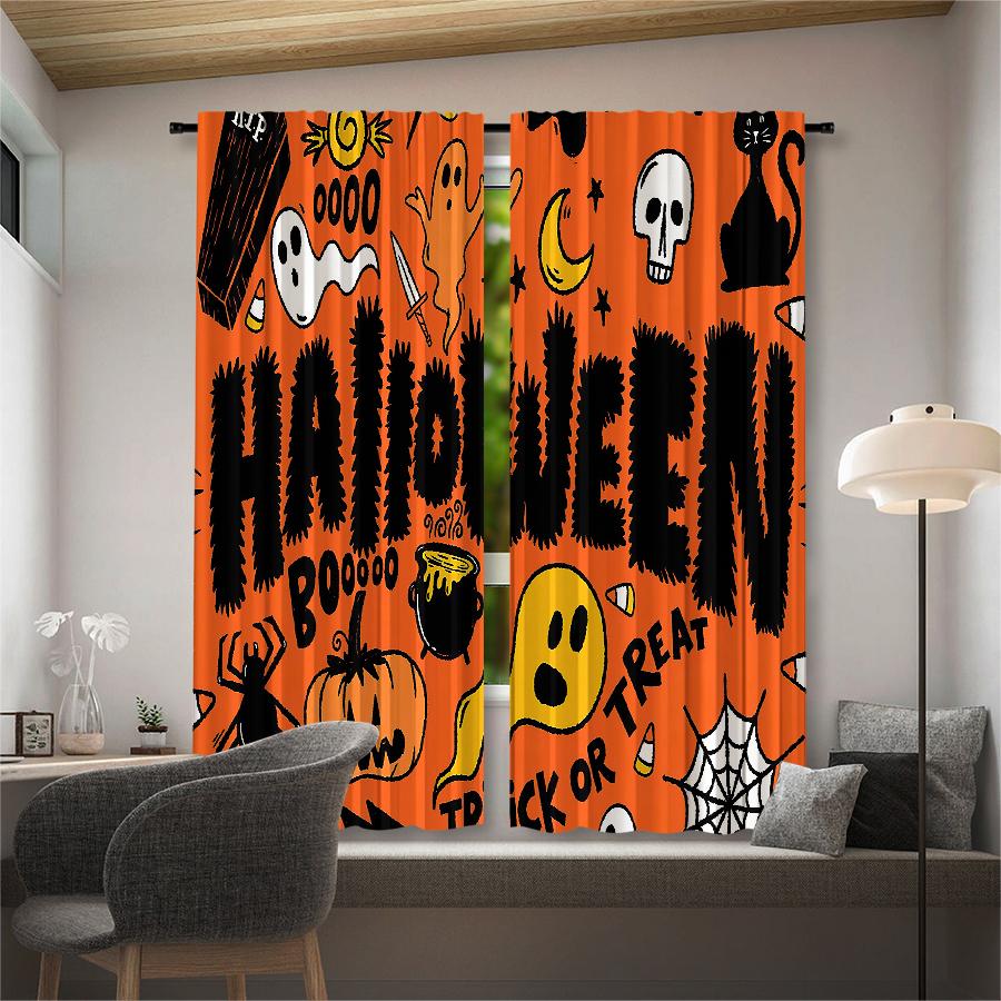2pcs- Halloween Happy Polyester Curtains, Pole Bag Curtains 42*84, Bedroom Living Room, Home Room Party Decoration