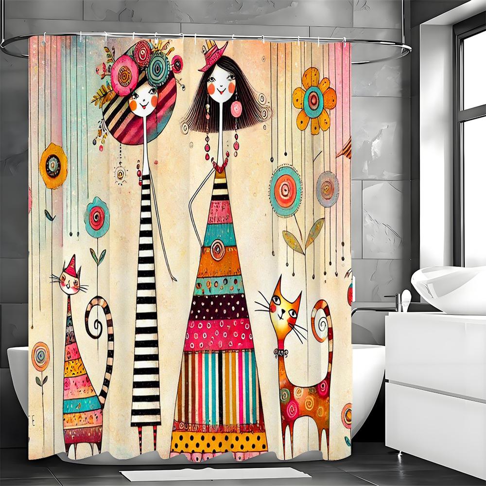 Cartoon Cute Girl Cat Flower and Grass Shower Curtain, Bathroom Decorative Shower Curtain, Waterproof Shower Curtain with Hooks