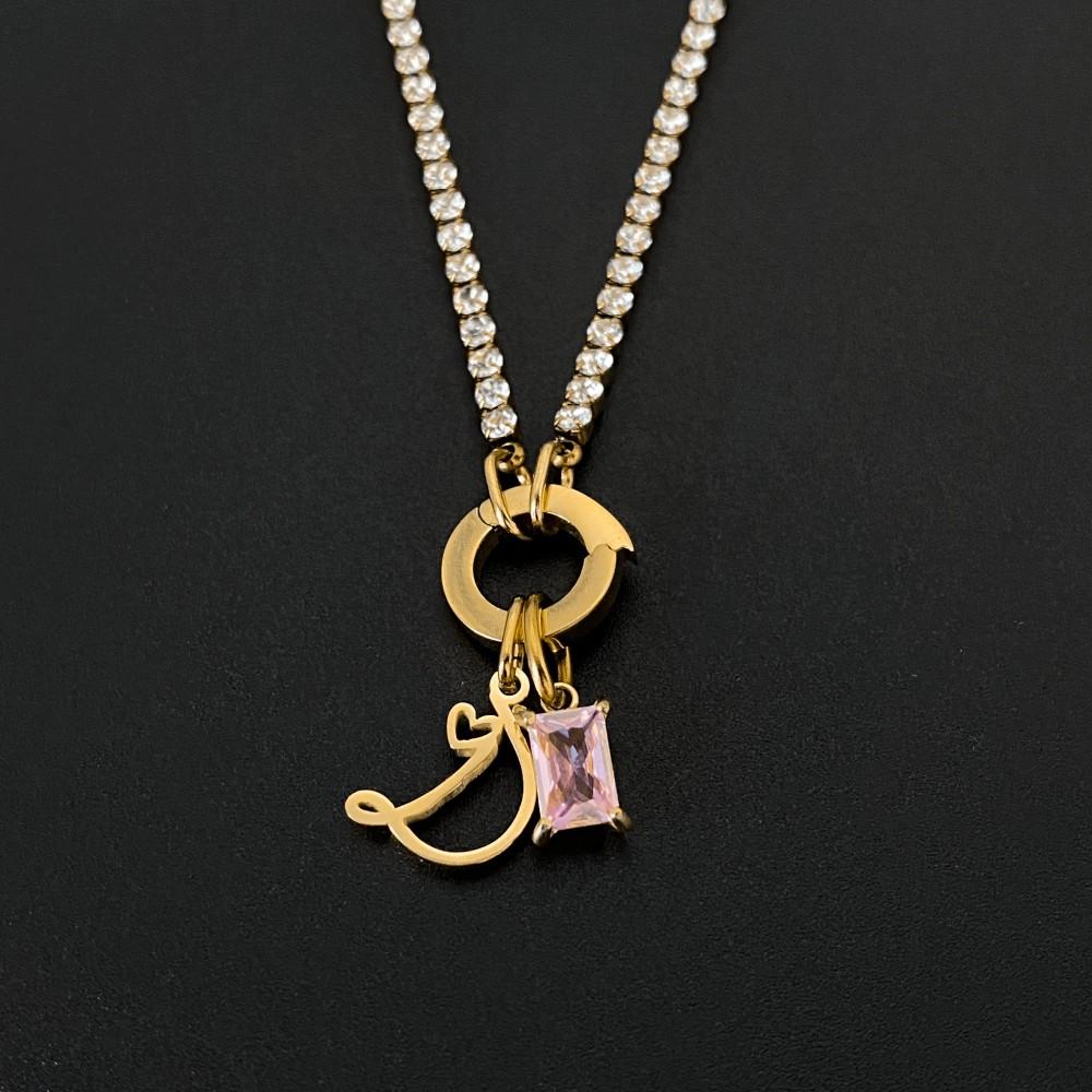 eManco Gold Plated Cursive Letter Charm Square Pink Crystal Removable Multi Charm DIY Birthstone Jewelry