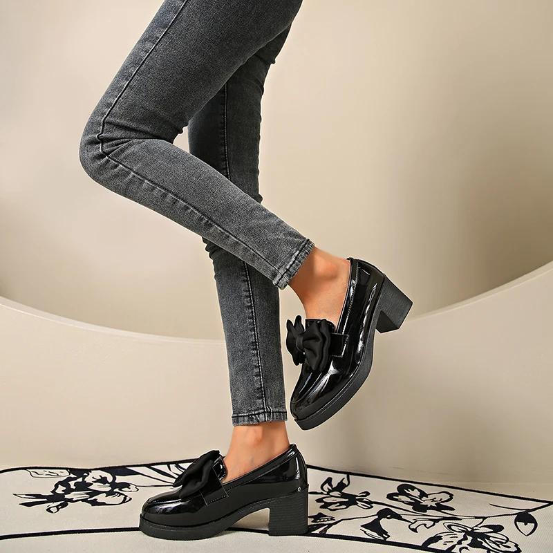 Fashion ZOKI 2025 Spring Sweet Bowknot Square Heel Pumps Woman Black Patent Leather Women's Loafers Platform Slip On Shoes for Women