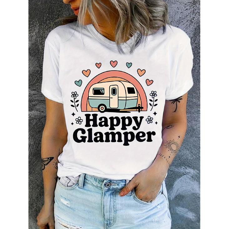 Camping life, Happy Glamper-Women s Trendy Prints T Shirt, Fashion Item, Classic round neck design S белый