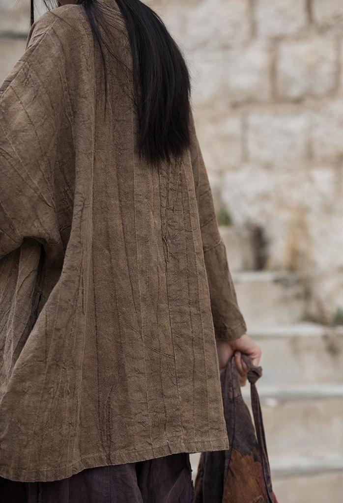 Women's Zen-Style Tie-Dye Pleated Cotton Linen Jacket with Lace-Up Oblique Lapel