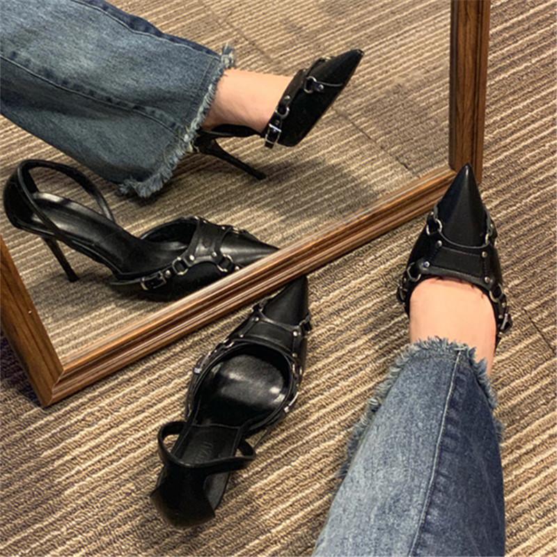 Fashion New European And American Riveted Line Buckle Stiletto Heels Female Sense Black Pointed Shallow Hollow Temperament Single Shoes