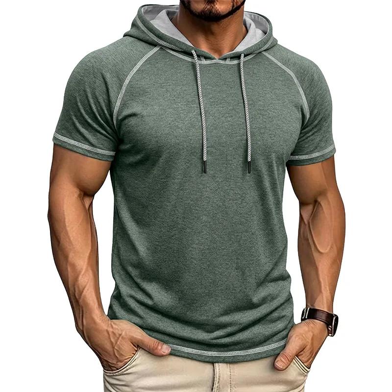 Casual Fitness Men s Short Sleeve T-Shirt Summer American Retro Hooded Casual Tees Tops Men Sports Hooded Pullovers M зелёный