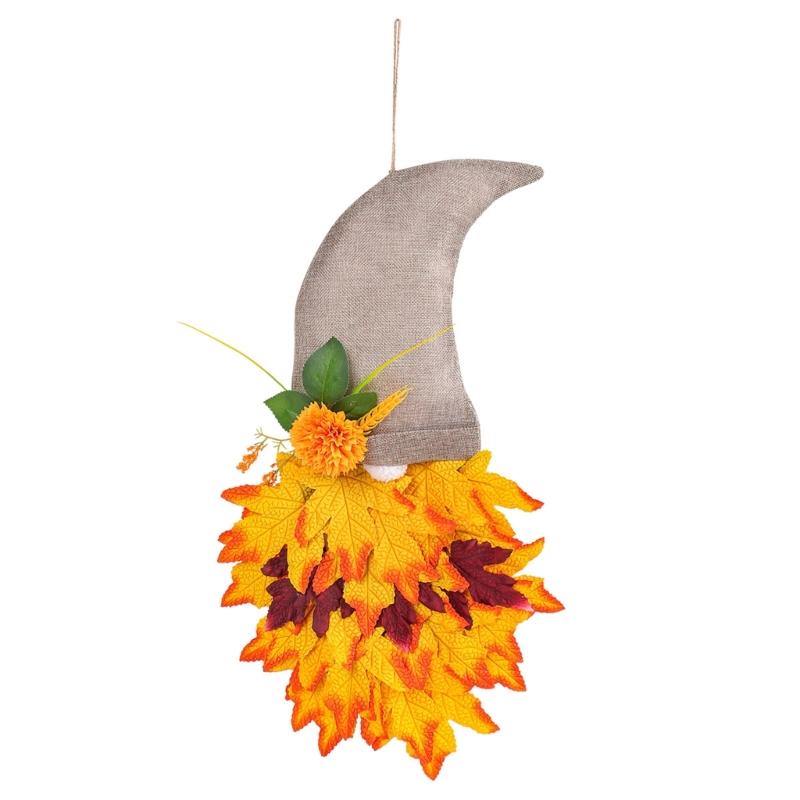 

Harvest Gnomes Figure Maple Leaf Flower Fall Wreath Hanging Sign Ornament for Farmhouses Front Door Wall Decoration 1
