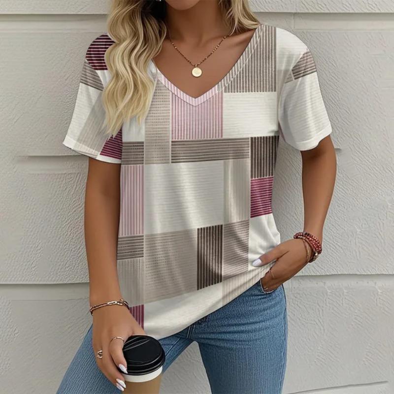 Women's V-neck Short Sleeved 3D T-shirt Checkered Print Summer Clothing Striped Women's T-shirt Street Top