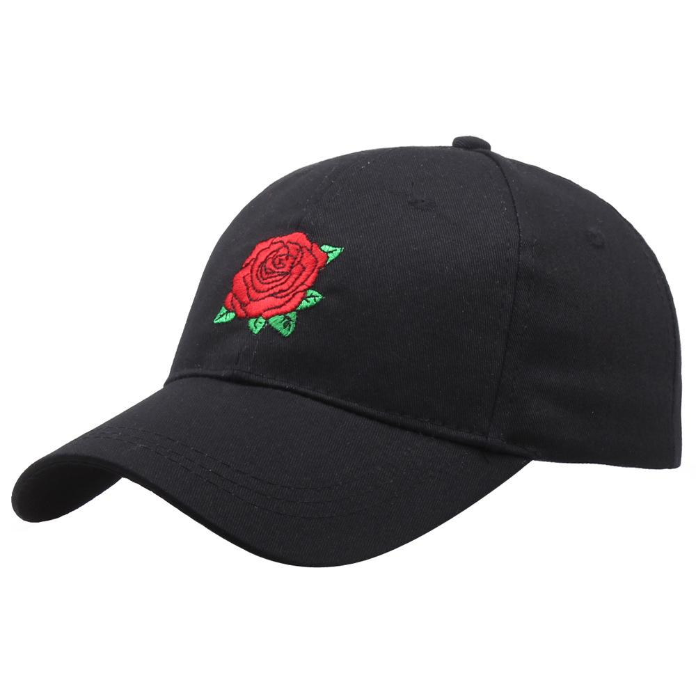 Rose Embroidery Baseball Cap Black Cotton Snapback Hip Hop Hat Unisex