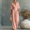 2026 Diepe V-hals Dames Jumpsuits Elegante Effen Hoge Taille Rompers Casual Wijde Pijpen Broek Zak Overalls Vakantie Outfit Los