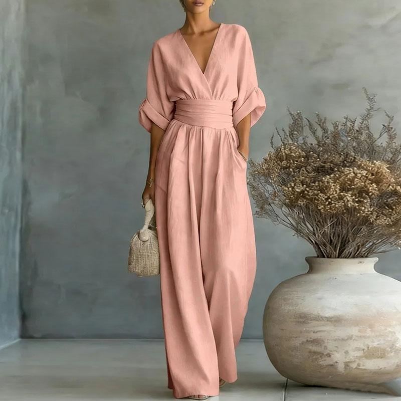 2026 Diepe V-hals Dames Jumpsuits Elegante Effen Hoge Taille Rompers Casual Wijde Pijpen Broek Zak Overalls Vakantie Outfit Los