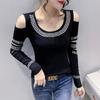 Sexy Off-shoulder Long-sleeved T-shirt for Women's Heavy Industry Liudai Top Slim and Hollow Base Shirt