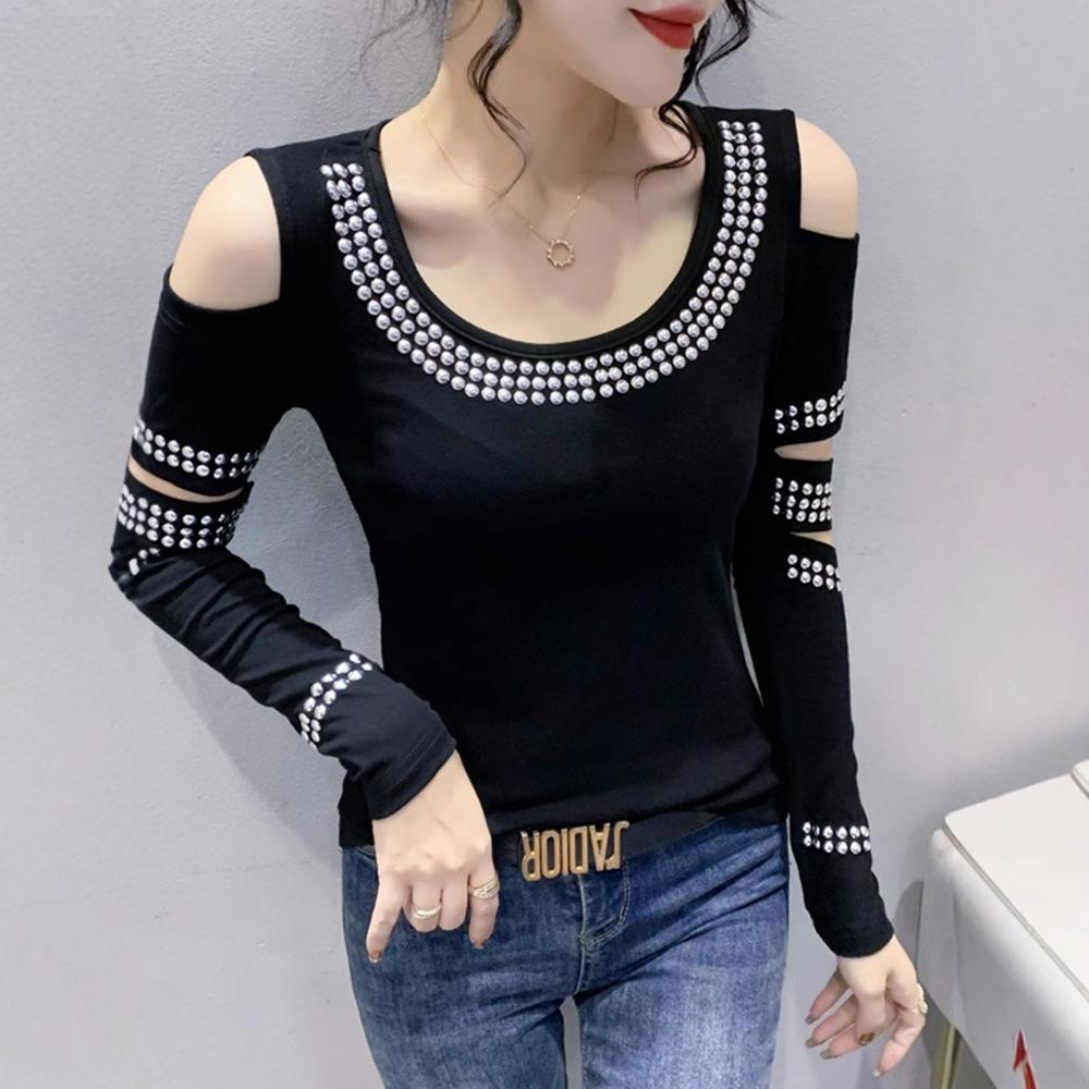 Sexy Off-Shoulder Langarm-T-Shirt für Damen Heavy Industry Liudai Top Slim und Hollow Base Shirt