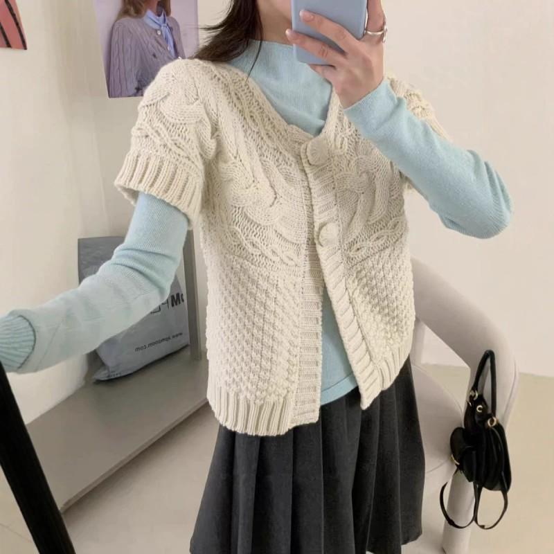 Womens Knit Cardigan Vest With Cable Round Neck Single Row Buttons Lightweight Layering Top