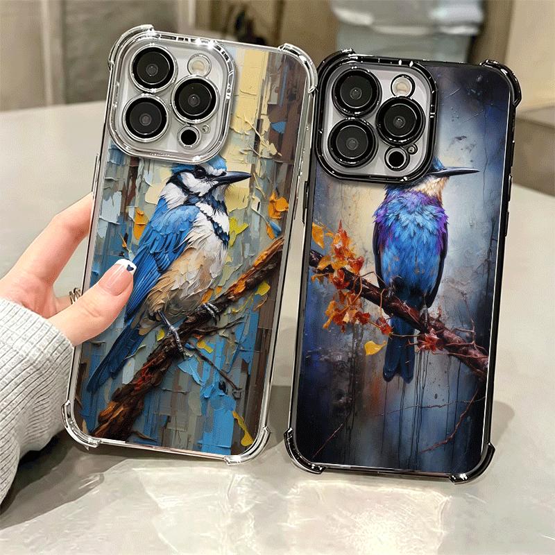 Bird Oil Painting Style Plating Phone Case For Iphone 16 17 Pro Max Air 16E 14 15 Plus 12 13 Mini Anti-Fall Airabag Cover