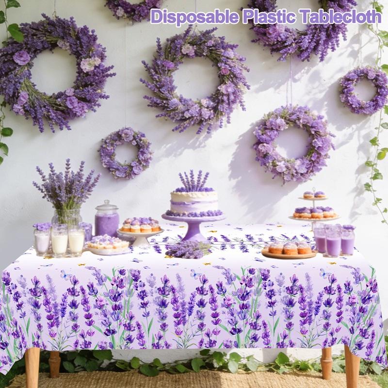 Spring Summer Purple Lavender Plastic Tablecloth Wedding Party Decor Spring Floral Rectangle Table Cloth Dining Table Decor