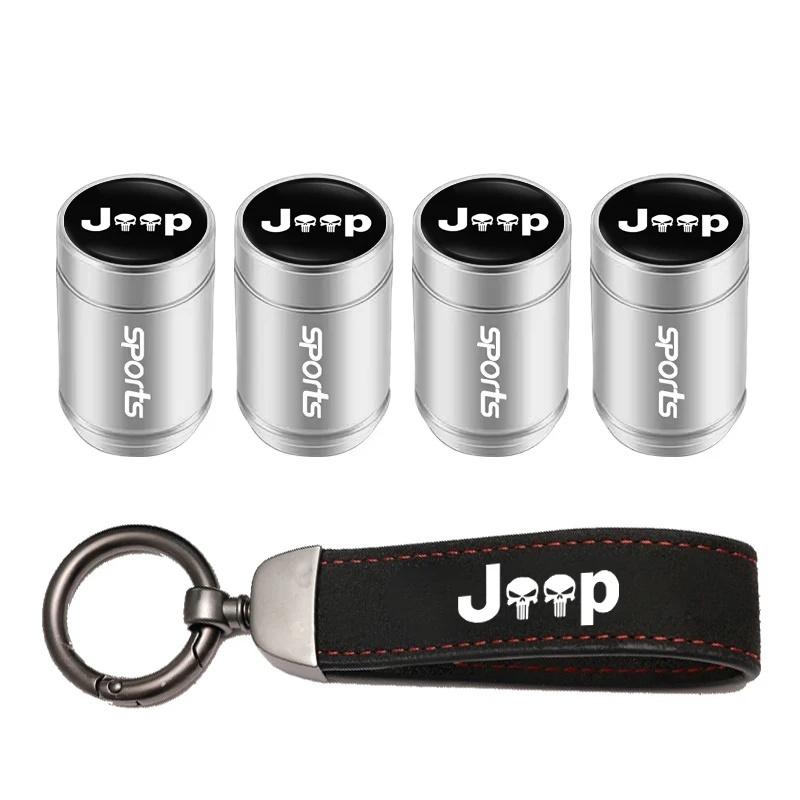 4PCS Jeep Tire Valve Stem Caps + Suede Keychain Set for Renegade Grand Cherokee Patriot Wrangler Compass Auto Accessories ALS1