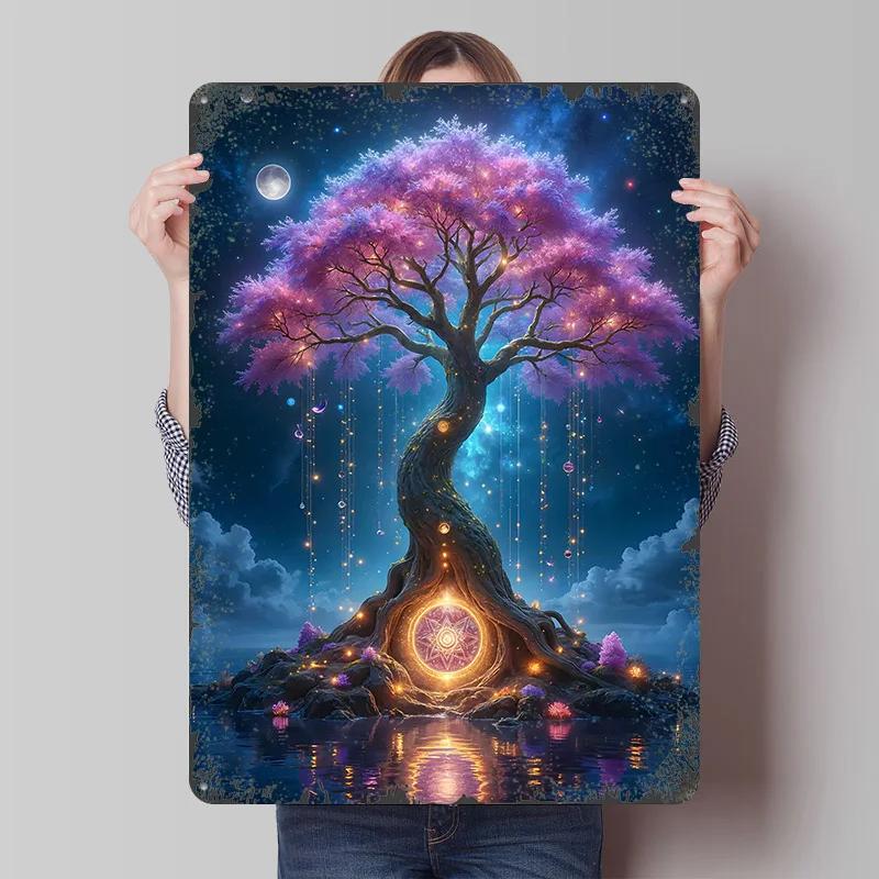 Poster Stampato Albero Magico di Luce Arte Murale Personalizzata Segni Metallici Vintage Retrò in Latta per Decorazione Casa Decorazione Camera da Letto Stanza