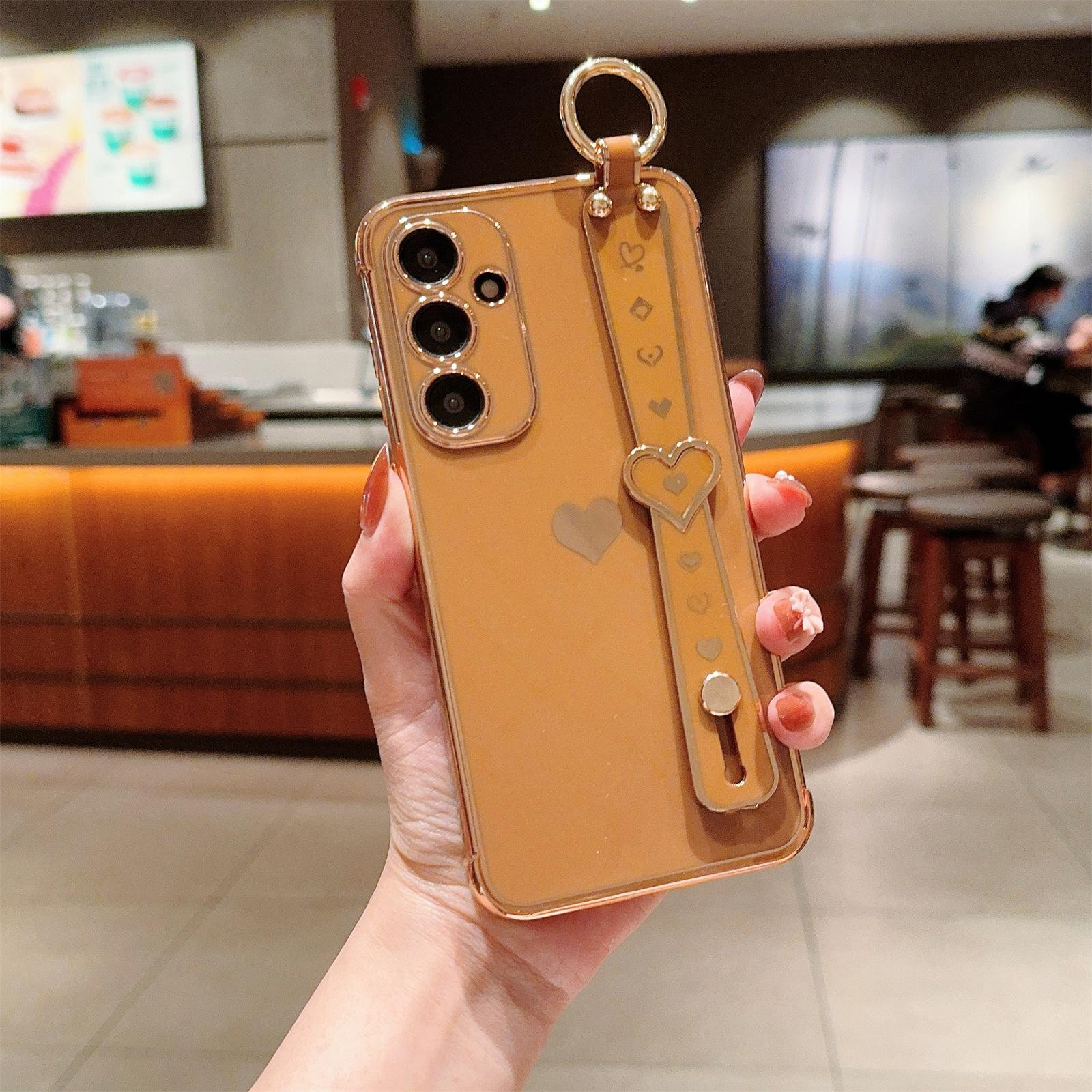 

For Samsung Galaxy A54 5G Case Electroplating Love Heart TPU Phone Cover Wristband Ring Holder Brown