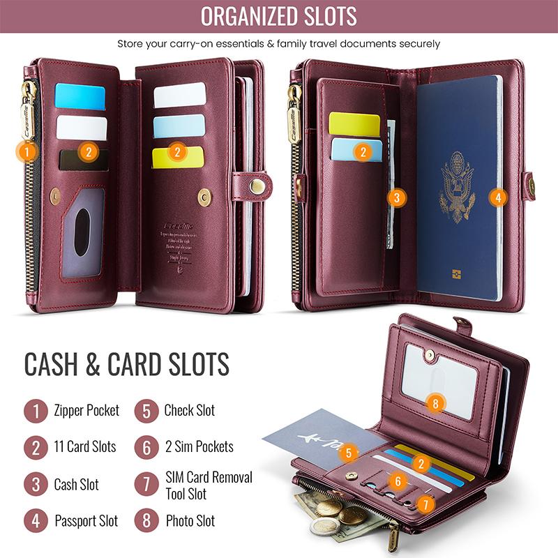 Reise-Passhülle Geldbörse Tasche mit 11 Kartenfächern und Passfach Geldscheinfach Fotofach Reißverschlusstasche, RFID-Blockierung Handgelenkschlaufe