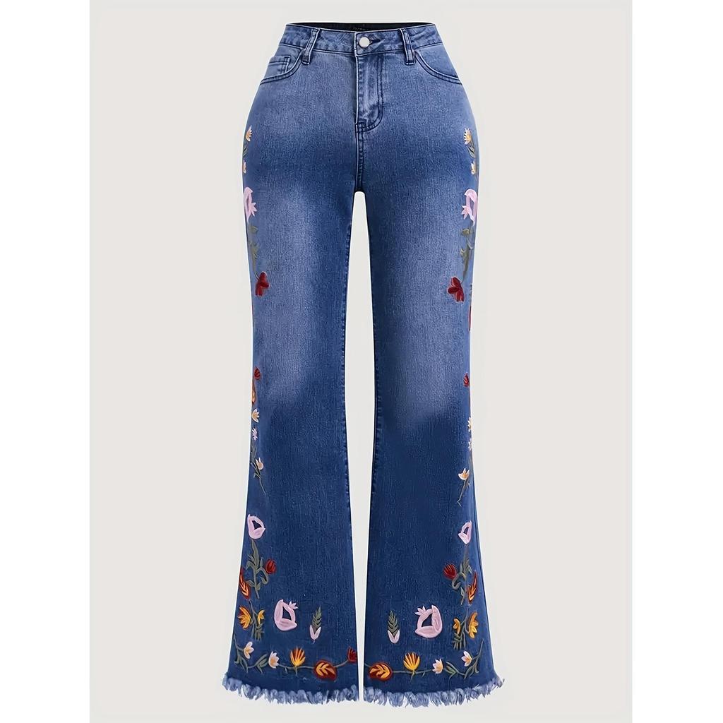 Plus Size Women's Micro Flare Embroidered Stretch Jeans