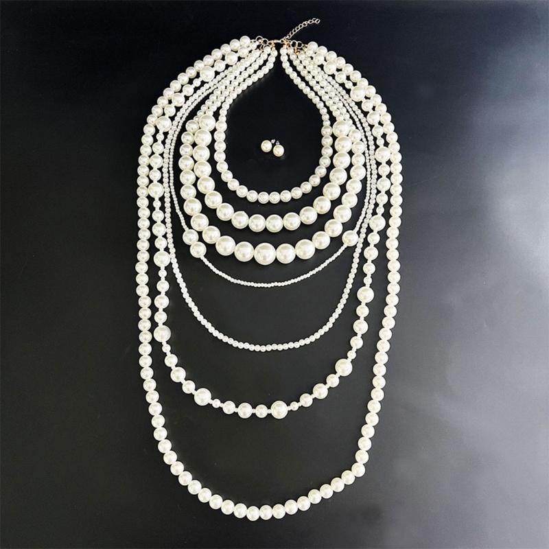 Elegant Multi Strand Imitation Pearls Chokers Necklace With Matching Stud Earrings Gift Set Vintage Fashion Stone Jewelry
