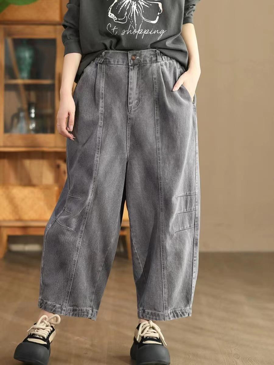 

Johnature женские осенние нишевые повседневные однотонные ковбойские брюки в китайском стиле стирающиеся индивидуальные брюки One Size серый