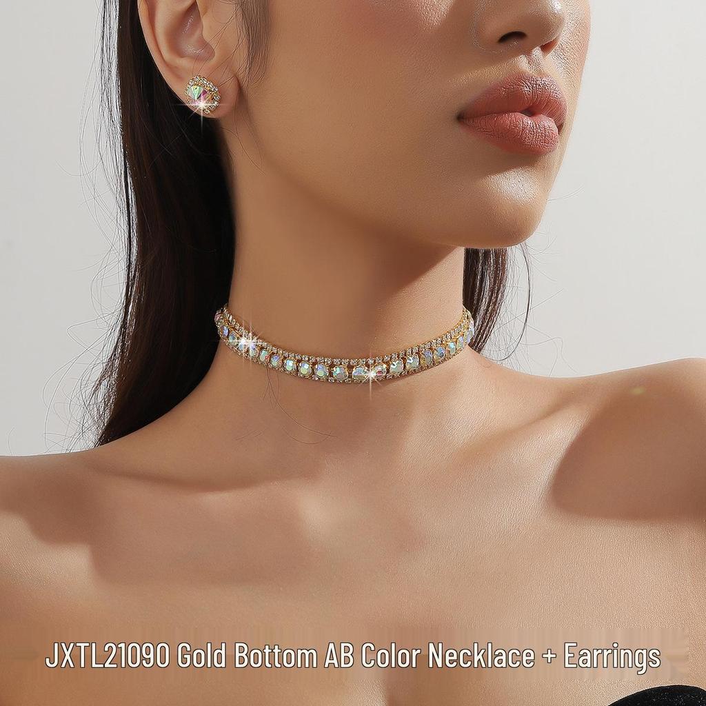 European & American Green Blue Choker Necklace & Stud Earrings Set for Women - Ideal for Weddings & Evening Dresses