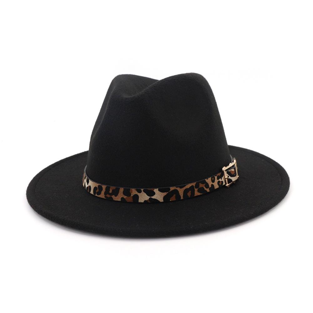19 Color Women'S Wide Brim Felt Fedora Panama Hat With Leopard Belt Buckle Party Trilby Cowboy Hat Fashion Jazz Cap