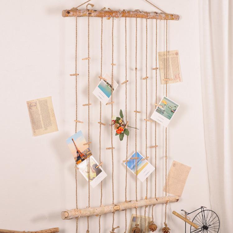 Handmade Raw Wood & Hemp Rope Photo Wall Display for Kindergarten