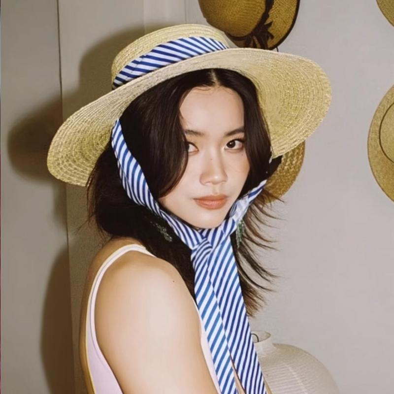 Freedom Outdoors Women's White Natural Grass Wide Brim Sun Hat Straw Stripe Blue Beach Hats Girls Personalized Summer Beach Hat Trip Bride