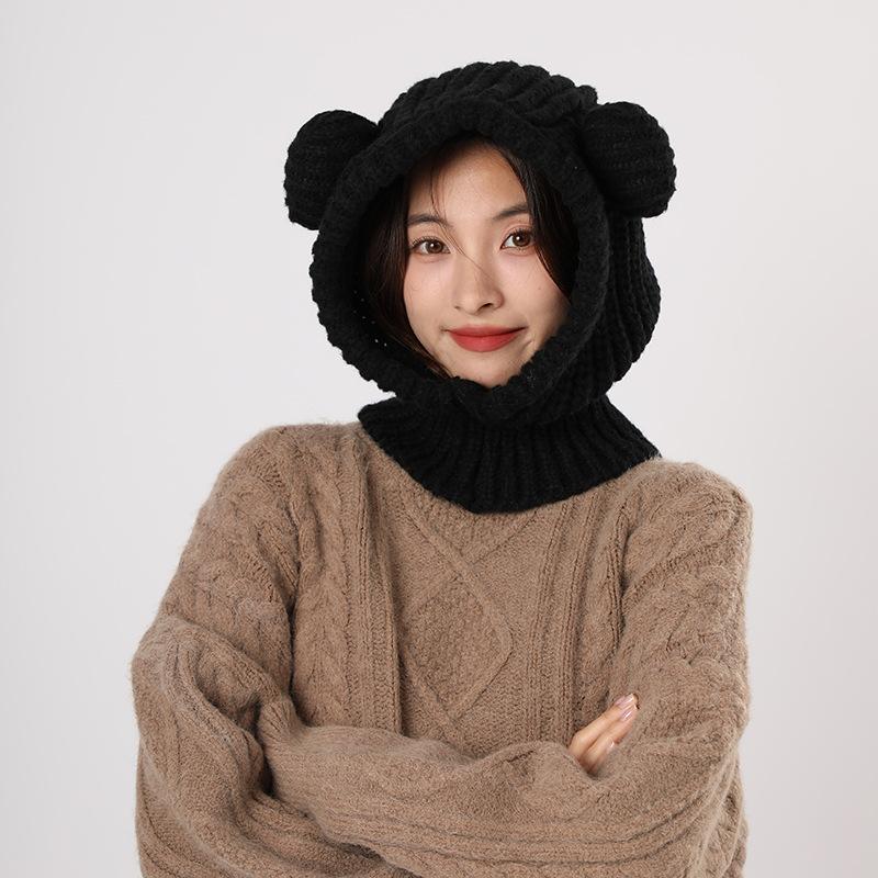 1PC Y2K Winter Warm Knit Balaclava Hat Women Cute Bear Warm Beanie Hooded Scarf Beanie Hat Skull Cap Collar Neck Cover Pullover