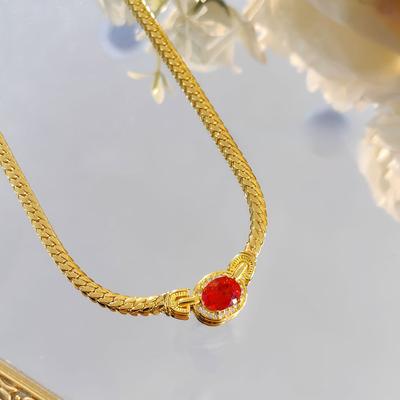 Medieval Style Pigeon Blood Red Corundum Necklace Retro High-Grade Style High Carbon Diamond Woven Chain Female