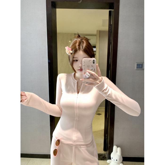 

White Slim Fit Long Sleeve Round Neck Aesthetic Brushed T-shirt for Women - Early Spring Style S розовый