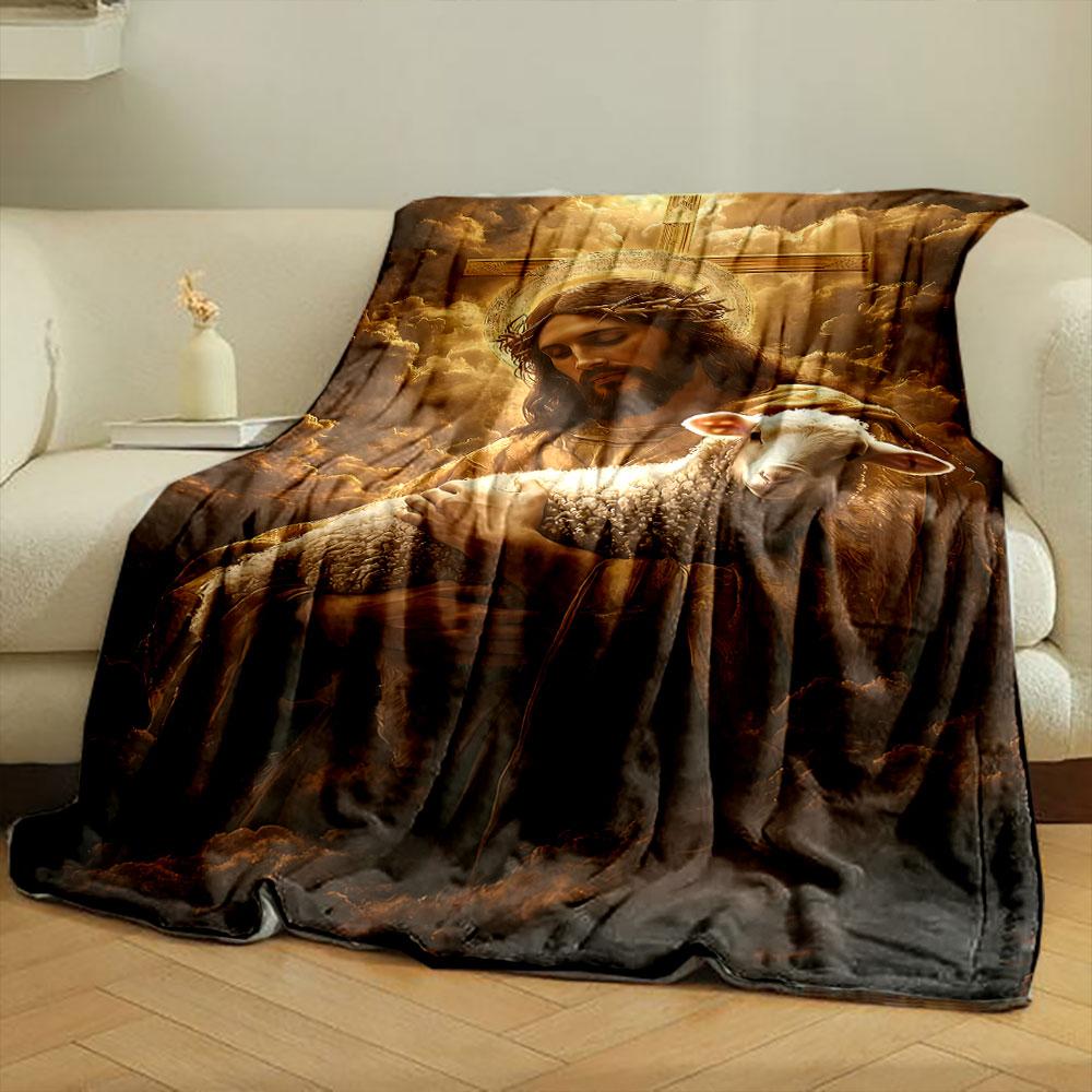 Jesus Holding Lamb Cross Blanket  Printed Blanket for Living Room Bed Couch lunch break Soft Cozy Blanket for Friend's festival Gift