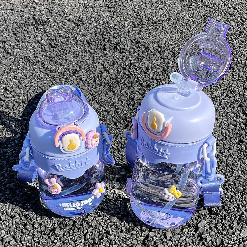 Kawaii Rabbit Plastic Water Bottle For Girls With Straw And Strap Clear Portable Leak-proof Children Water Bottle BPA Free