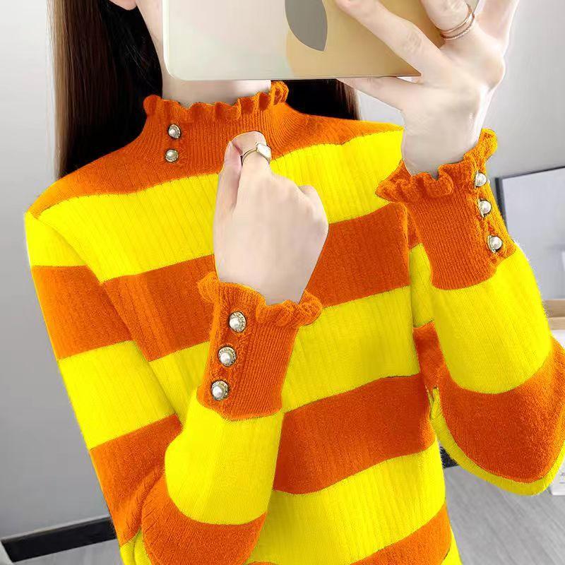 

Женский свитер с полувысоким воротом, осенне-зимний, с цветными блоками, с полосатым низом, свободный и толстый 3XL оранжевый