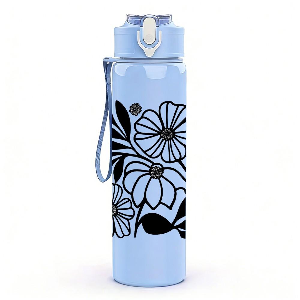 1PC Black White Abstract Floral Print 750ml Color Plastic Sports Water Bottle Leakproof Flip Straw Lid Suitable for Sports Office Home Use