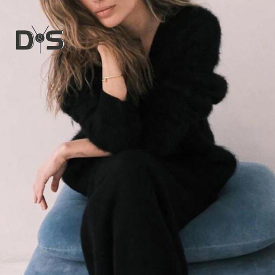 Damen Strickmantel mit V-Ausschnitt, langen Ärmeln, einfarbig, einreihig, Pullovermantel, lockere Passform, dehnbare Oberbekleidung