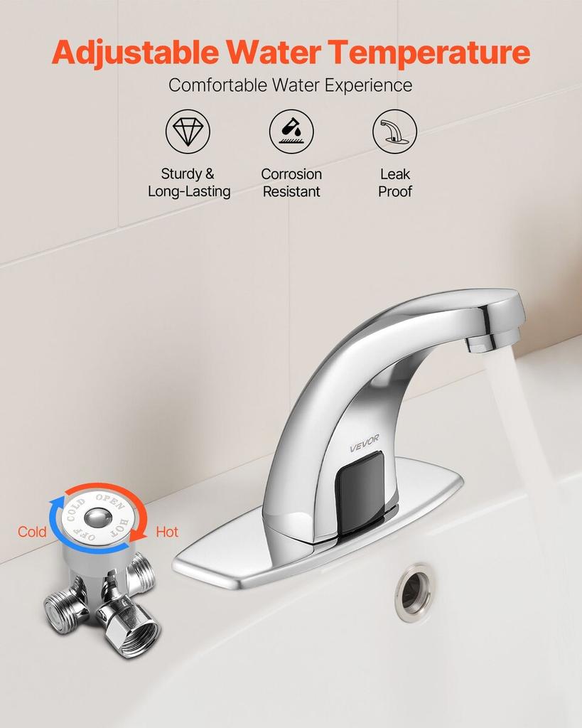 Touchless Bathroom Sink Faucet, Automatic Motion Sensor Restroom Toilet Faucet with Hole Cover Plate, Battery Operated,Hot/Cold Water for 9.5 mm Pipe