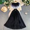Elegant Gradient Shiny Pleated Dress Cape Shoulder Pearl Beads 3D Floral Applique Scalloped Waist Belt A Line Midi Dress