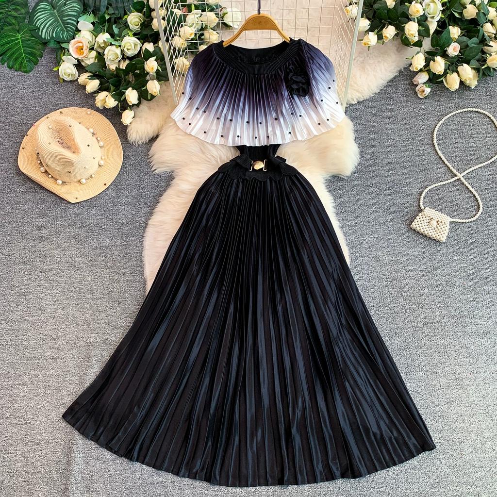 Elegant Gradient Shiny Pleated Dress Cape Shoulder Pearl Beads 3D Floral Applique Scalloped Waist Belt A Line Midi Dress