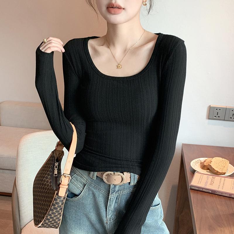 New large U-neck t-shirt for women, long-sleeve top, low-neck inner layer, slim-fit women s spring fashion M Suitable80to100Jin