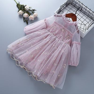 Girls Fashion Dress Spring and Autumn Children's Lace Mesh Embroidery Puffed Sleeve Princess Dress