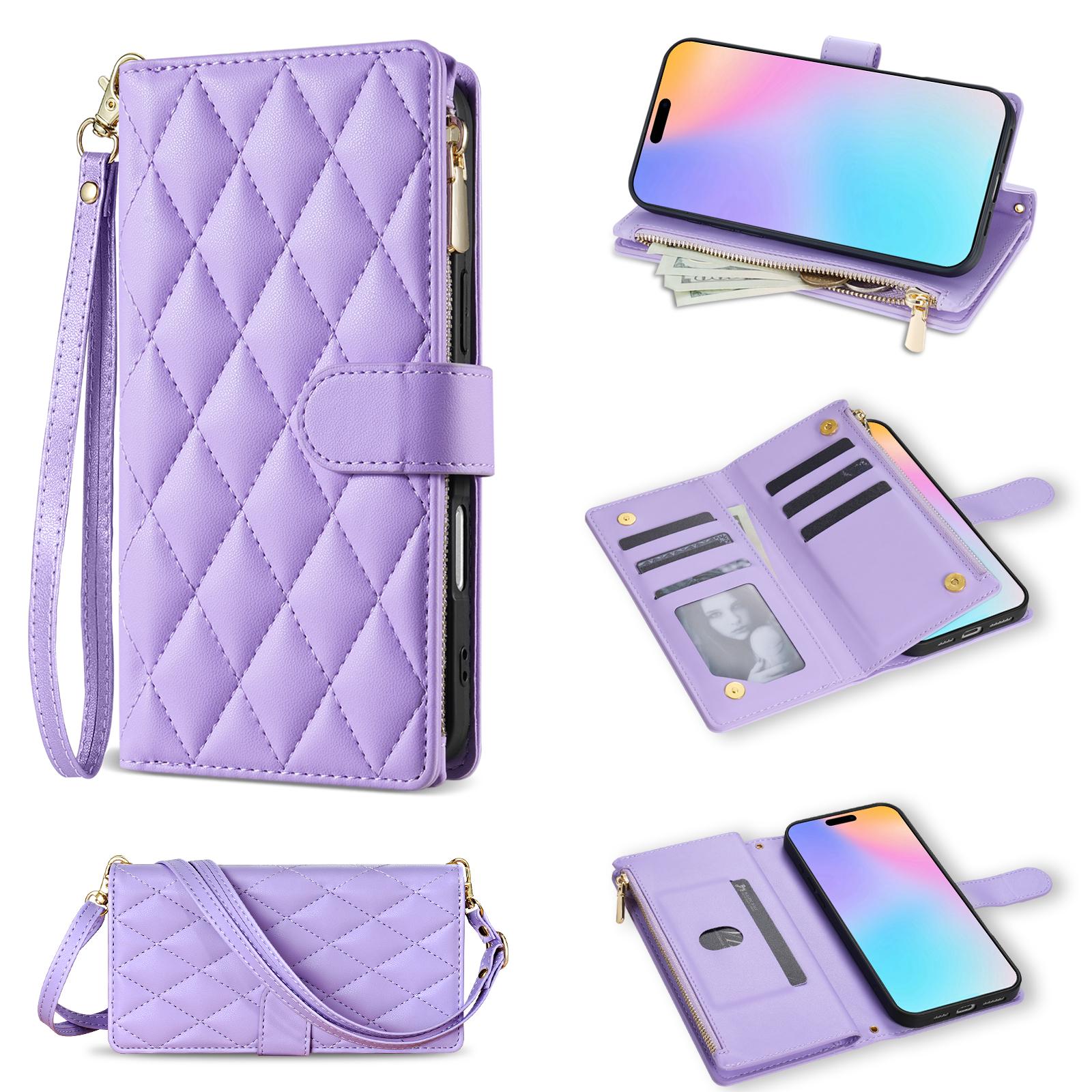 

For iPhone 16 Plus Case Rhombus Stitching Leather Wallet Phone Cover with Long/Short Strap Light Purple