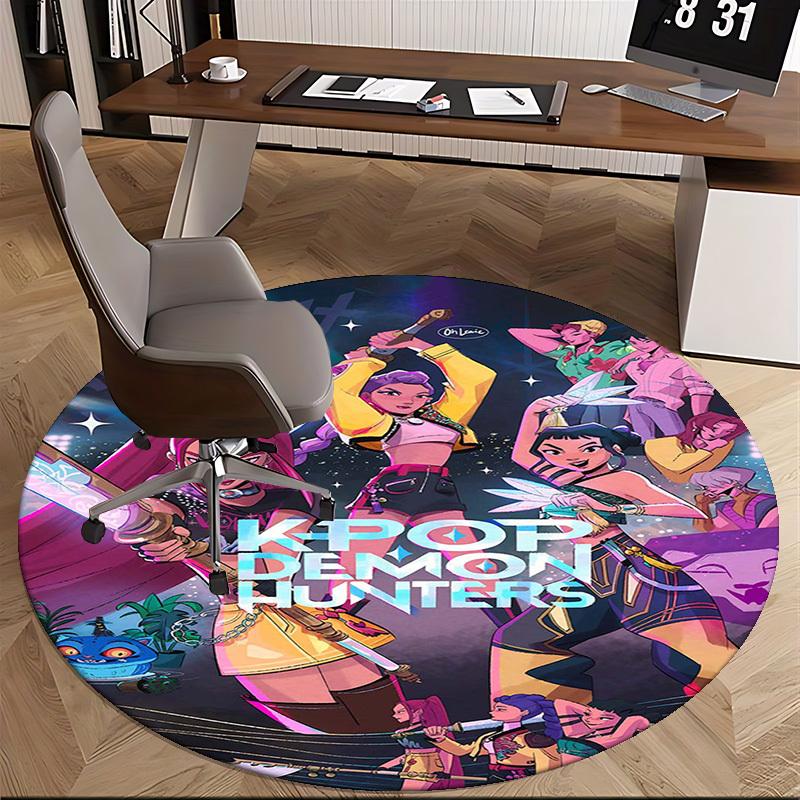 1pc KPOP Demon Hunters Anime Cartoon Design Round Carpet  Office Chair Mat, NonSlip Rug for Home Decor, Living Room, Bedroom