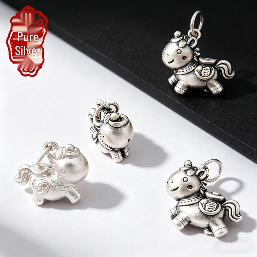 Sterling Silver Zodiac Horse Pendant Charm for DIY Bracelet Weaving - Pure Silver Small Horse Accessory in Chinese Style.