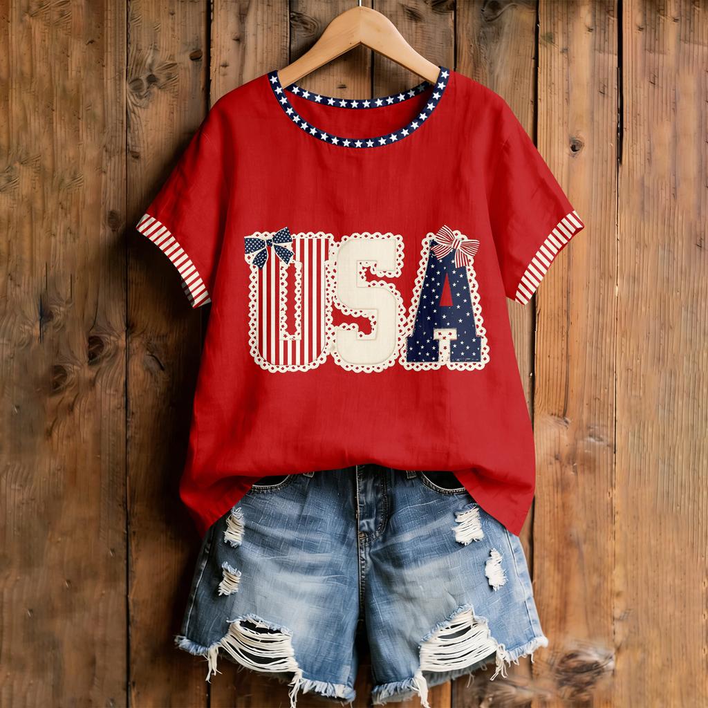 Women's American Floral Patchwork Print Casual T-Shirt 250Th Anniversary USA Shirt Patriotic Tshirt