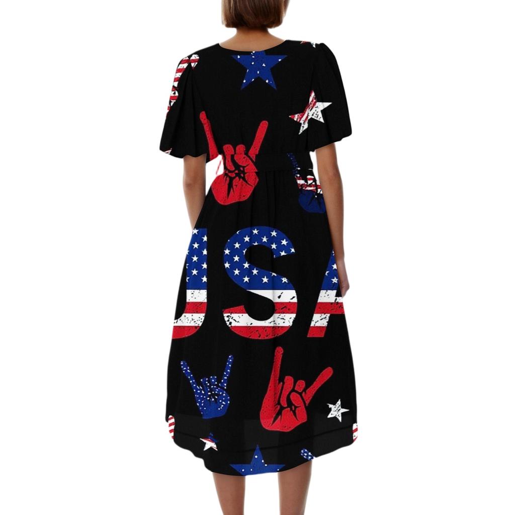 Women's Fashionable Casual V-neck Short-sleeved Independence Day Printed Dress