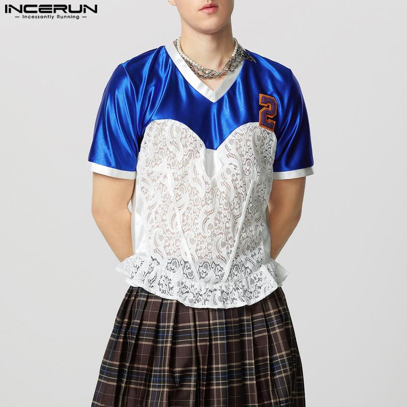 INCERUN Men Women Round Neck Short Sleeve Lace Patchwork Glitter Party T-shirts Tops