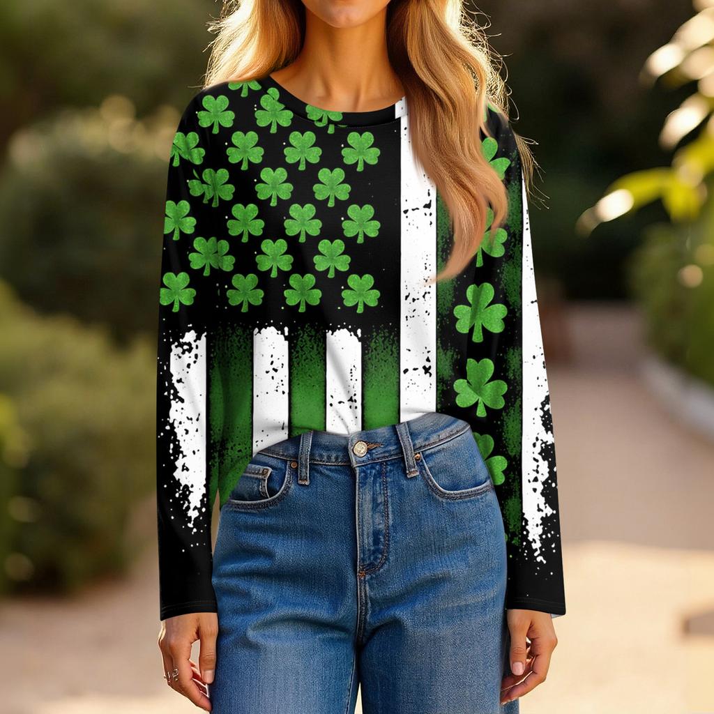 Damenmode Lässig Schlitz Saum Rundhals Langarm Lose Bedrucktes T-Shirt Damen Top