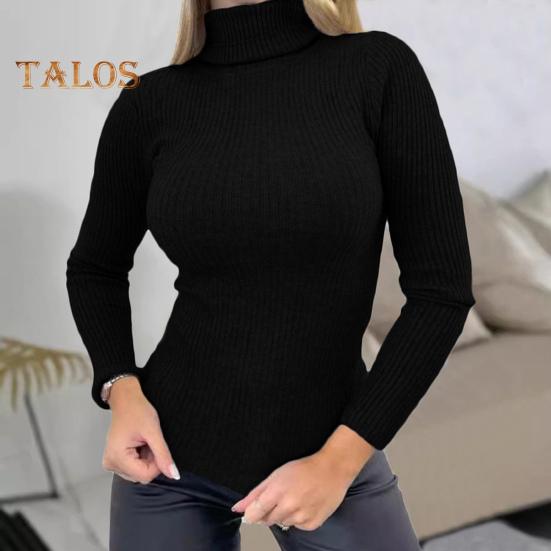 Damski sweter bazowy z wysokim kołnierzem Elastyczna oddychająca tkanina Jednolity kolor Dzianinowy pulower Styl leniwy Długi rękaw Dopasowany sweter